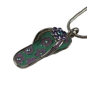 Carolyn Forsman Pendant Silver Tone Flip Flop Sandel Enamel Flowers Lavender